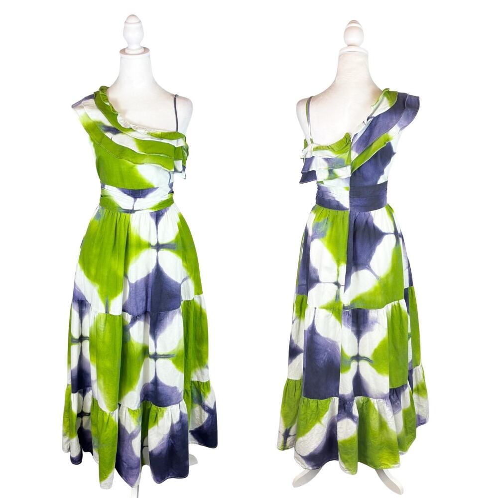 Busayo Collective One Shoulder Tie Dye Tiered Maxi Dress 10 Green - Picture 2 of 10